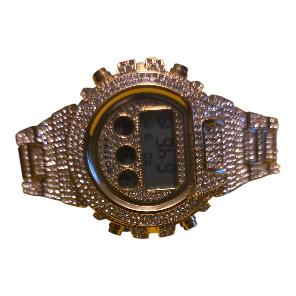Activa by Invicta Mens Gold Tone Iced Out Digital Crystal Pavé Bracelet Watch
